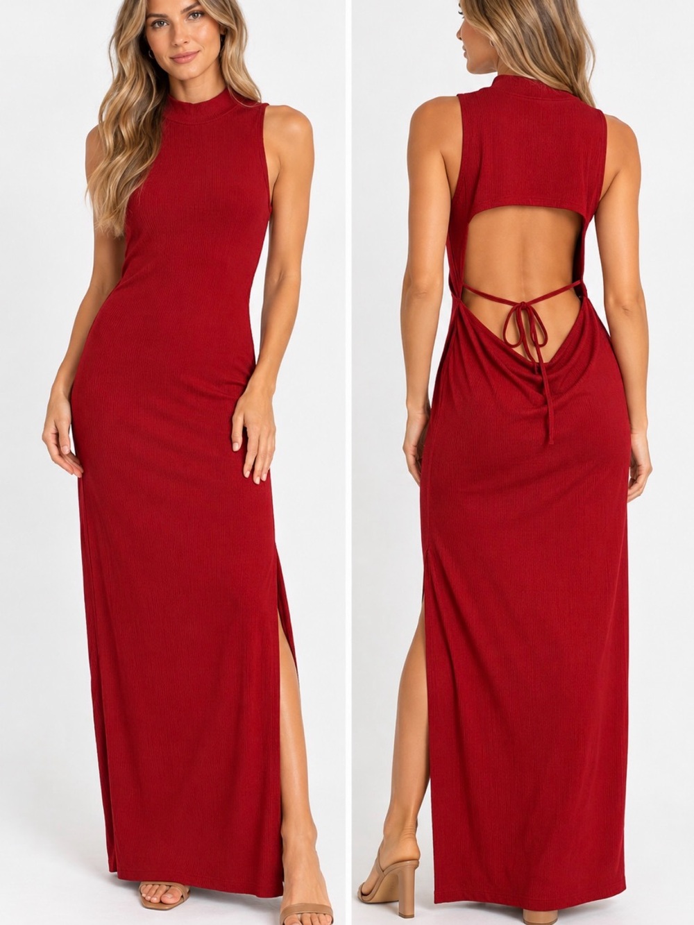 L*SPACE Chandler Dress Large Cabernet Red Open Back Ribbed Maxi NWT